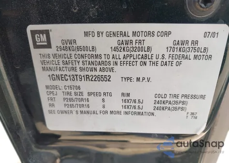 2001 Chevrolet Tahoe Ls from USA, damaged, VIN 1GNEC13T91R226552